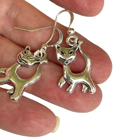 Cat Lady Dangle Pierced Earrings Silver Tone - Picture 6 of 7